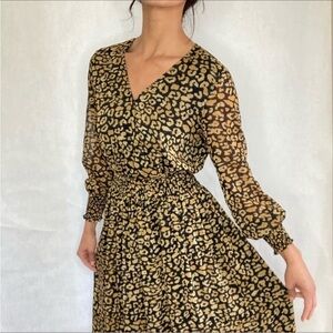 Who What Wear Long Sleeve V-Neck Sheer Leopard Animal Print Midi Dress